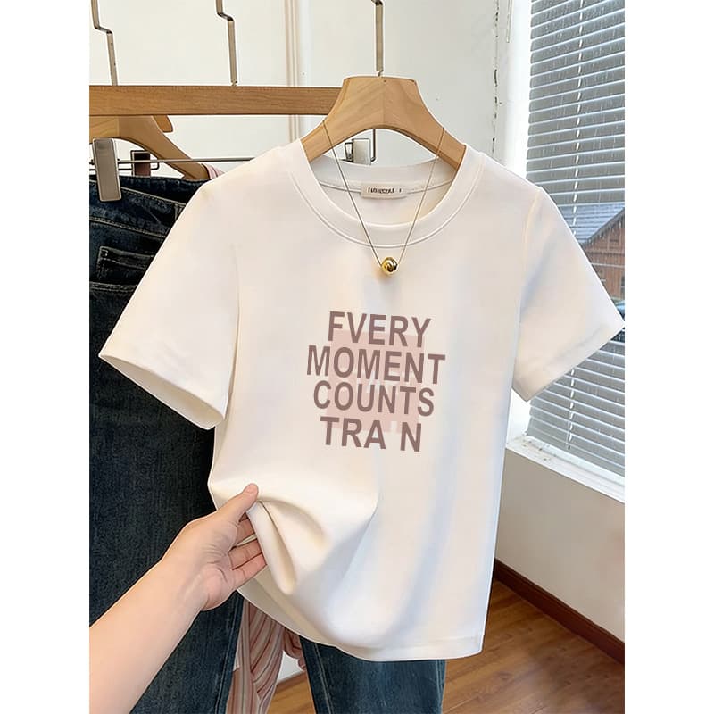Korean White Simple Printed Crew Neck Short-Sleeve T-Shirt for Women, Summer 2026 New Design Versatile Slimming Top