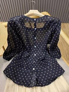 French Polka Dot Lazy Style Blouse for Women, Mid Sleeve 2025 Trendy Fashion High-End Top, Sheer Age-Defying Shirt
