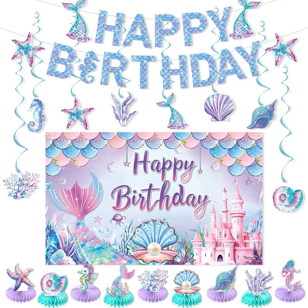 New Mermaid Theme Birthday Party Decoration Mermaid Birthday Banner Kids Birthday Backdrop Pull Flag