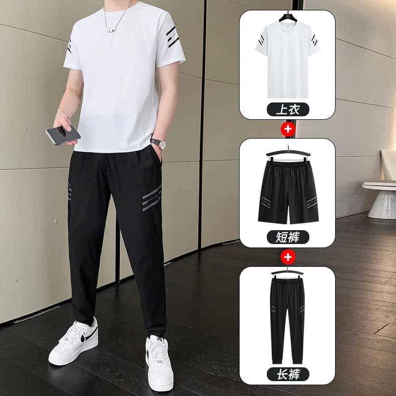 2025 Summer Three-Stripe Ice Silk Casual Set Men's Short Sleeve T-Shirt Shorts Long Pants Three-Piece Men's Set