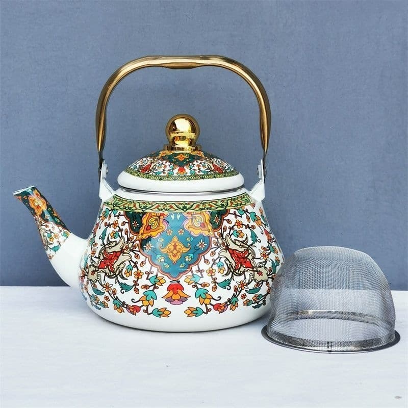 Pear-shaped enamel teapot with filter, thickened enamel flower tea pot, enamel kettle, milk tea pot