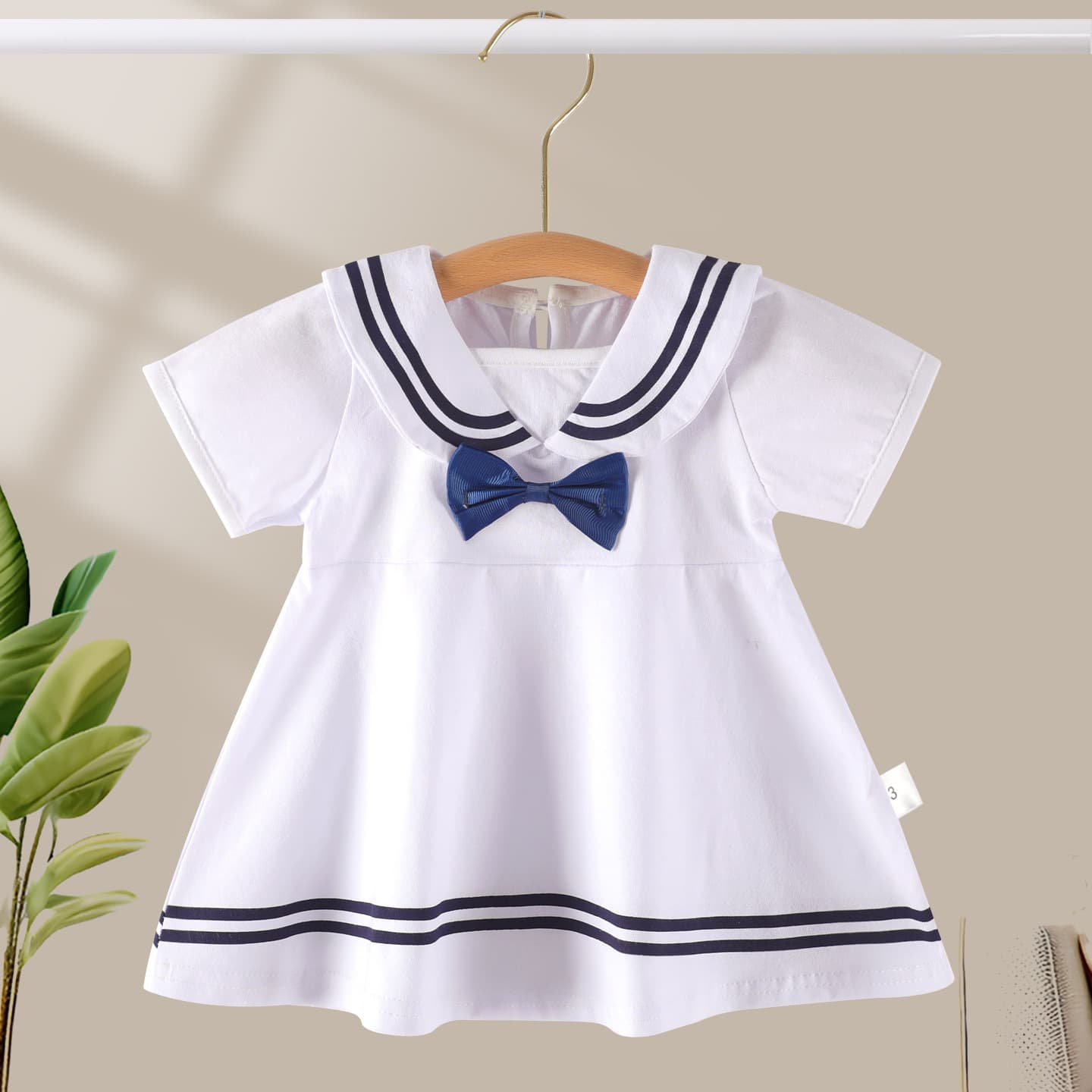 Girls' Short-Sleeved Navy Collar Dress Baby Princess White Dress Outer Wear New Summer Infant College Style