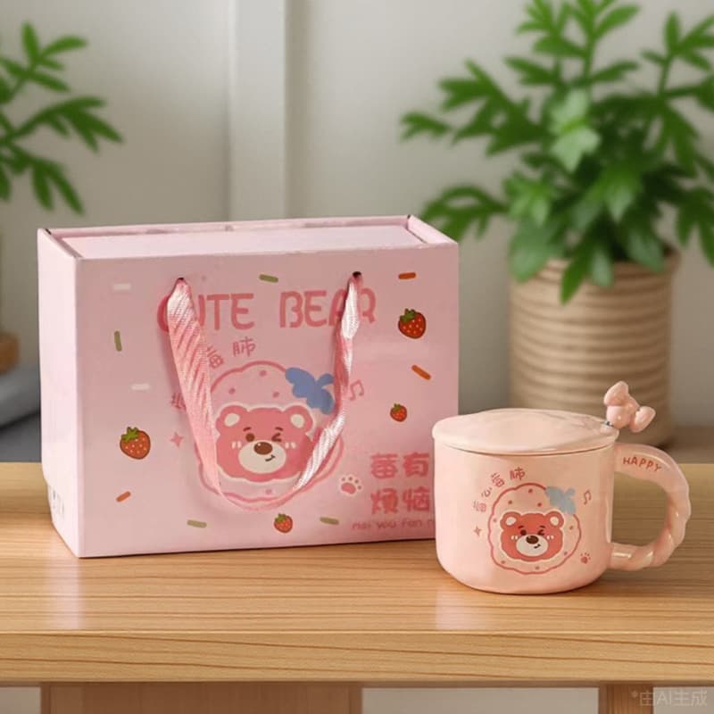 High-Aesthetic Korean-Style Pink Bear Cup with Lid and Spoon Gift Box Ceramic Water Cup Premium Gift Souvenir Mug