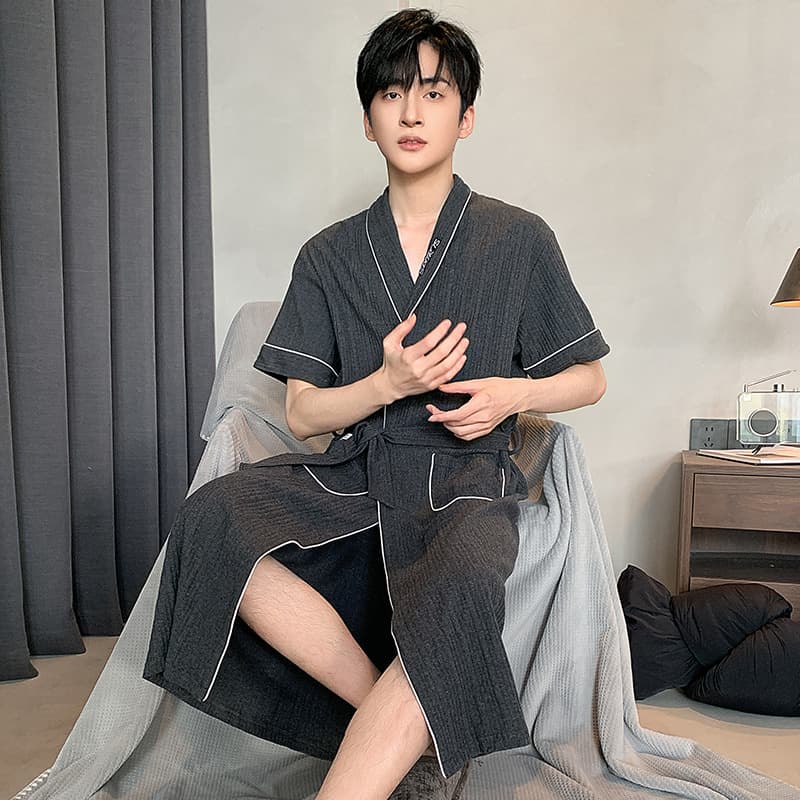 New Arrival Men's Bathrobe Summer Thin Short-Sleeved Cardigan Nightgown Mid-Length Home Casual Loose Plus Size Nightgown