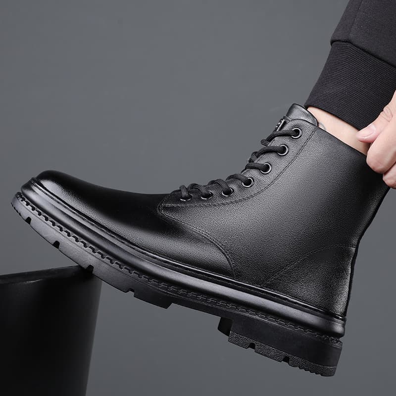 Genuine Leather Martin Boots for Men, High-Top Versatile Height-Increasing Korean Style Leather Boots, Fall Fashion Workwear Motorcycle Boots