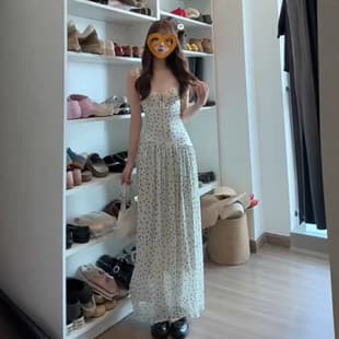 French Waist Polka Dot Camisole Dress for Women Summer Seaside Vacation Style Tie A-Line Maxi Dress