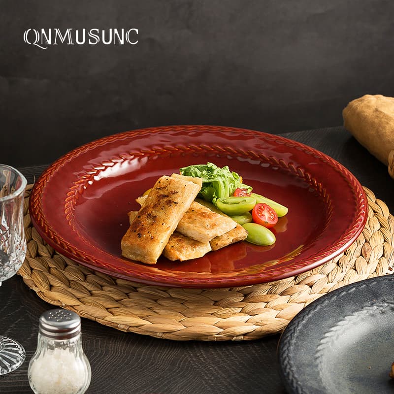 QNMUSUNC American Retro Style Plate, Under-glaze Color Creative Home Steak Plate Ceramic Internet Celebrity Western Food Plate