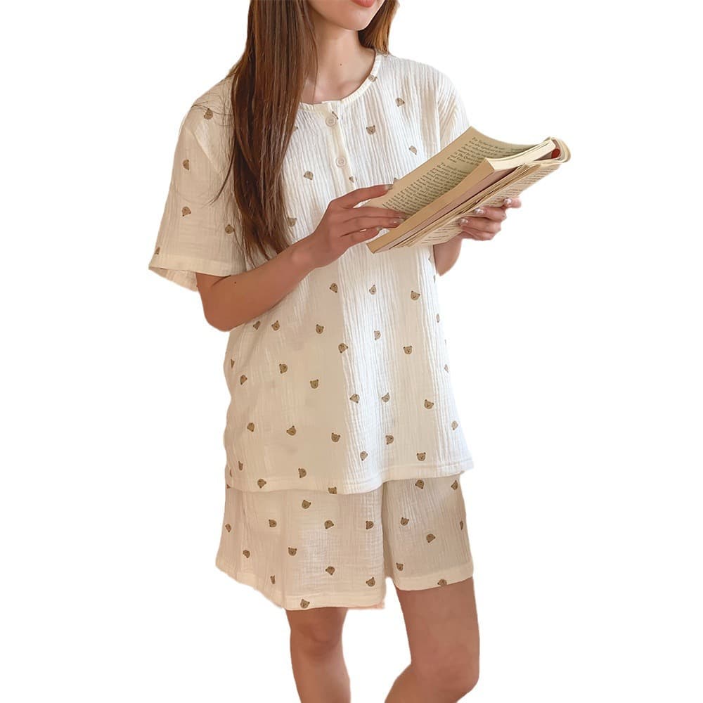 Pajama Custom Set Women Summer Crepe Cotton Gauze Pure Cotton Short Sleeve Shorts Thin Loungewear