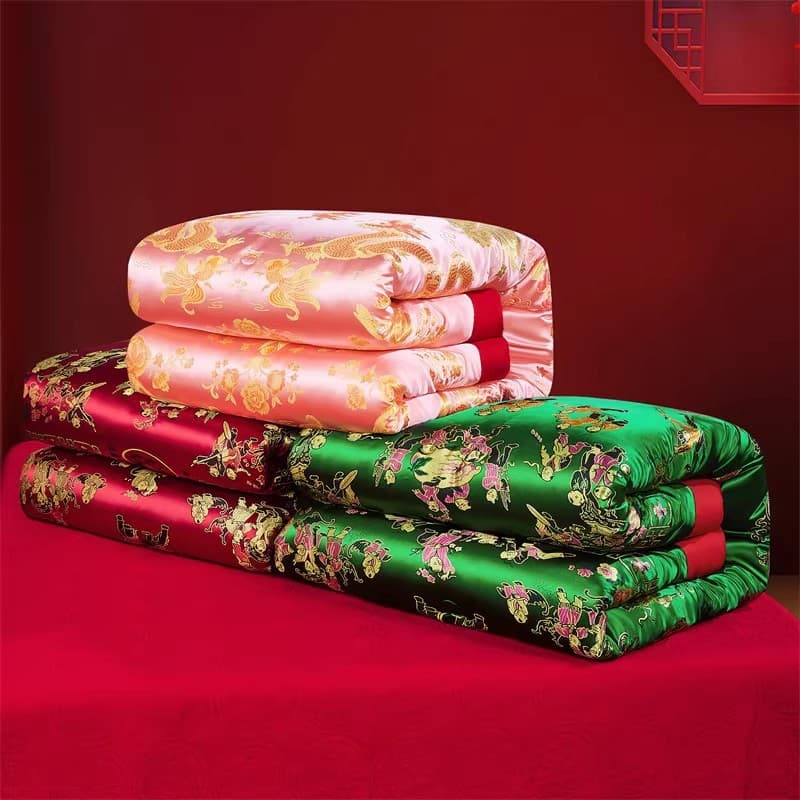 Marriage quilt, festive quilt dowry wedding supplies bright red newlywed green double happiness dragon-phoenix hundred children silk satin quilt core cotton quilt