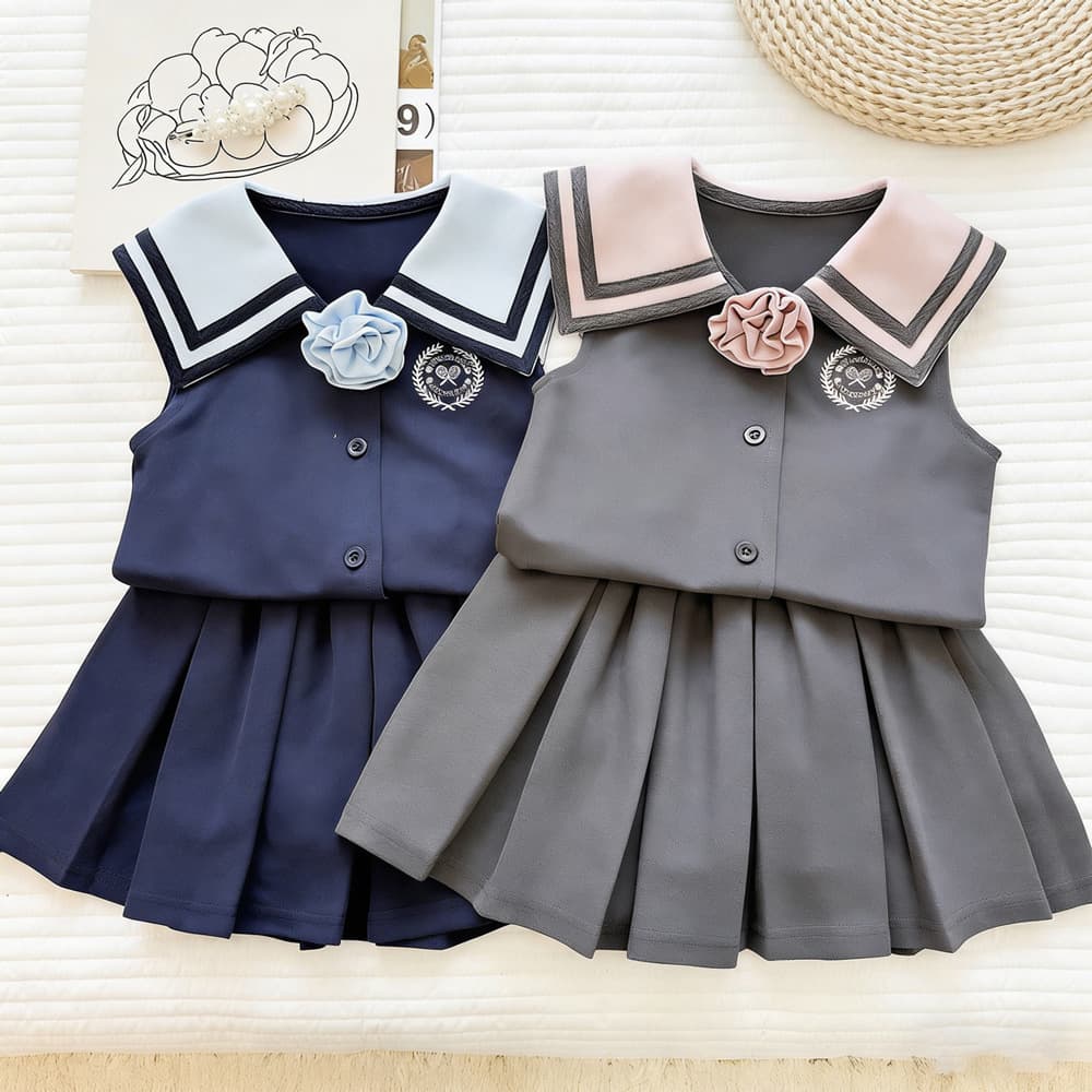 Girls college style navy collar pleated skirt two-piece summer 2026 new style girl's style sleeveless top suit