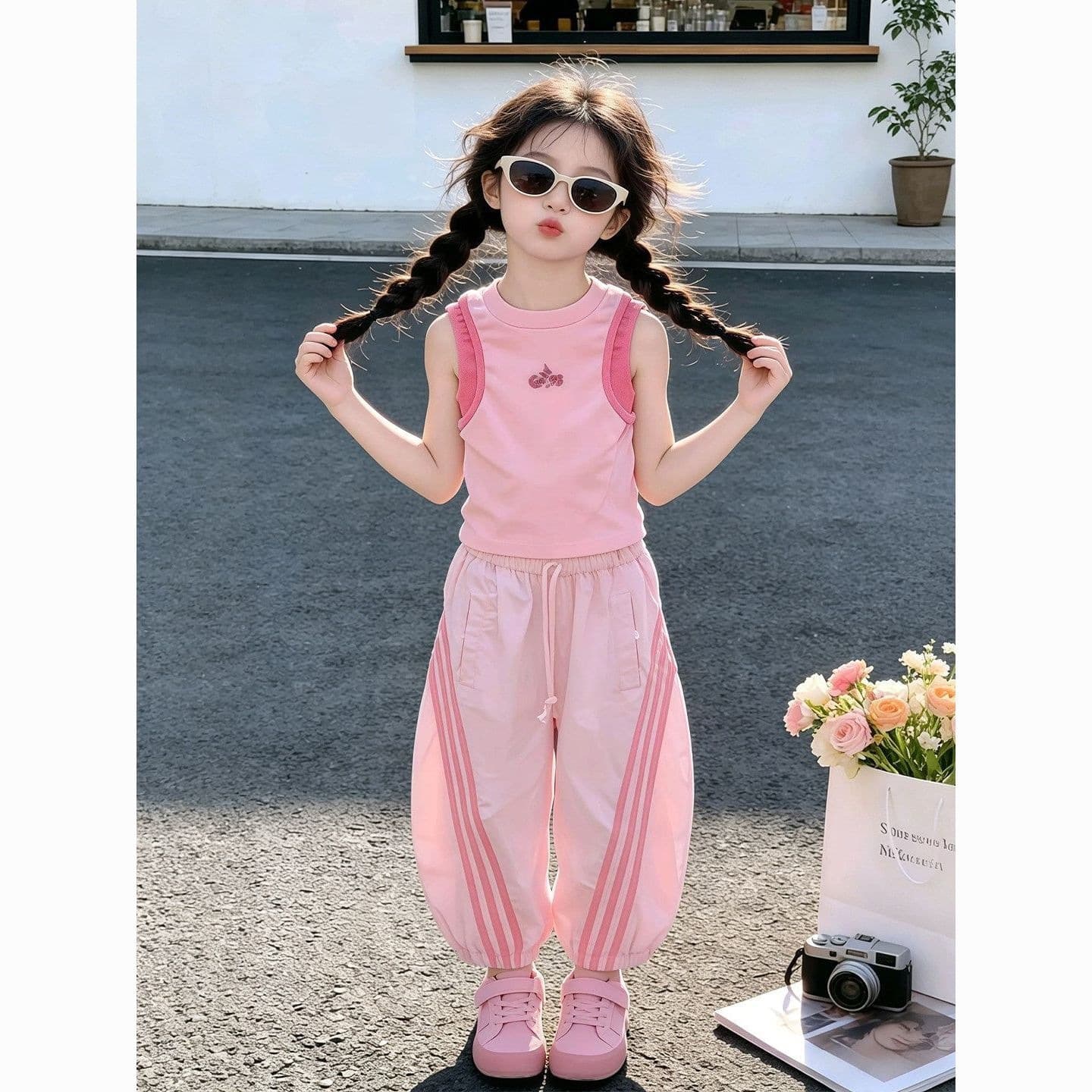 Girls' summer suit, new style children's fashionable street sportswear, big girl's summer outer vest, great looking