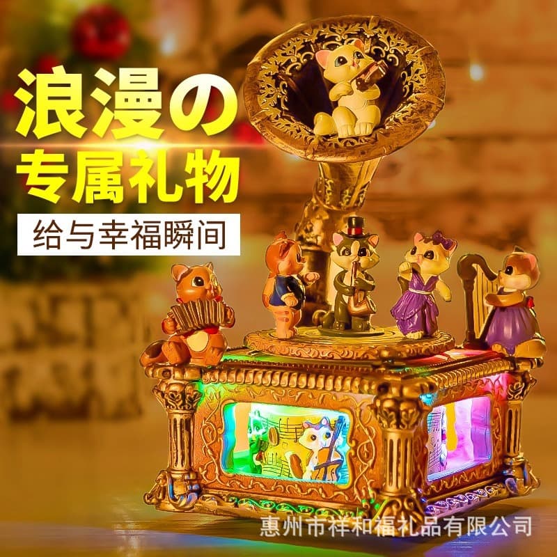 Music box children's retro cat gramophone mechanical music box birthday gift for children Christmas gift