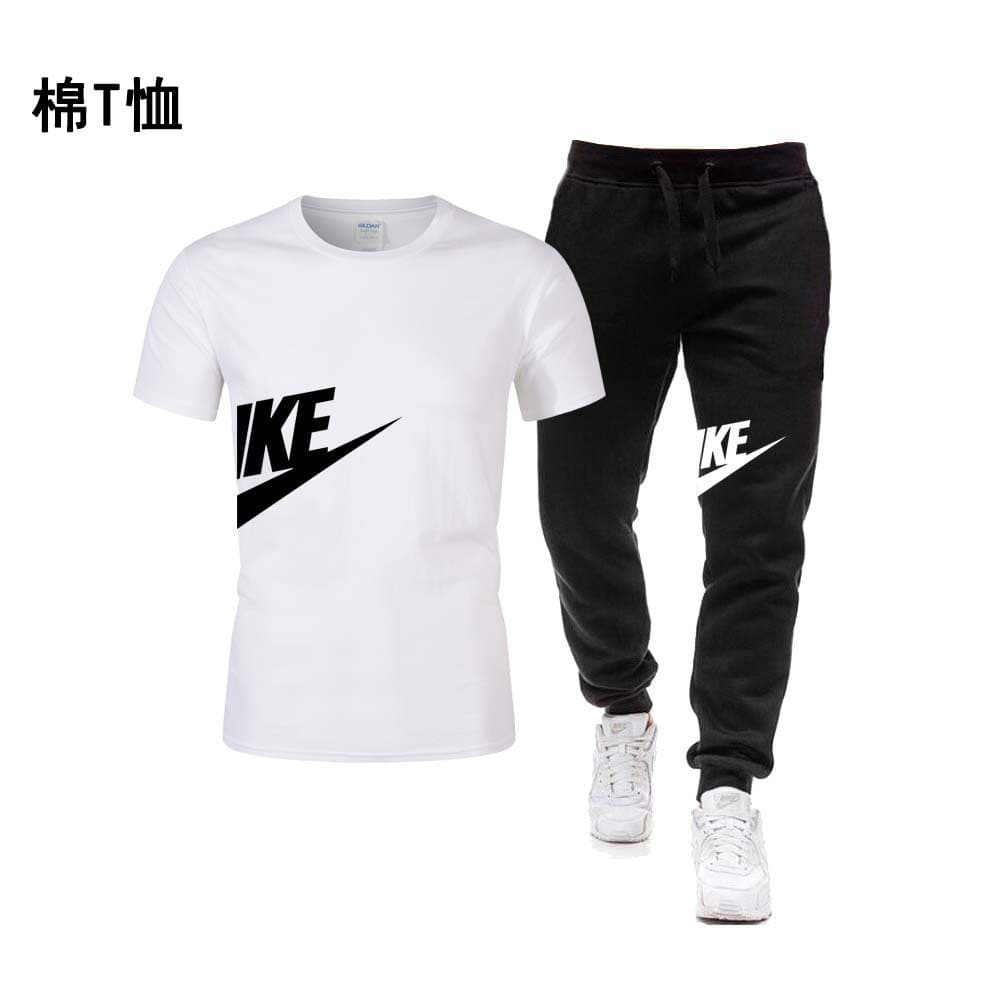 Men's casual fitness sports suit short-sleeved cotton T-shirt + trousers men's casual sports suit slim and breathable