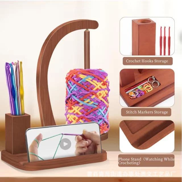 Home Wooden Yarn Rack Magnetic Rotating Yarn Dispenser with Crochet Accessories Storage Box Cell Phone Rack Spool Rack