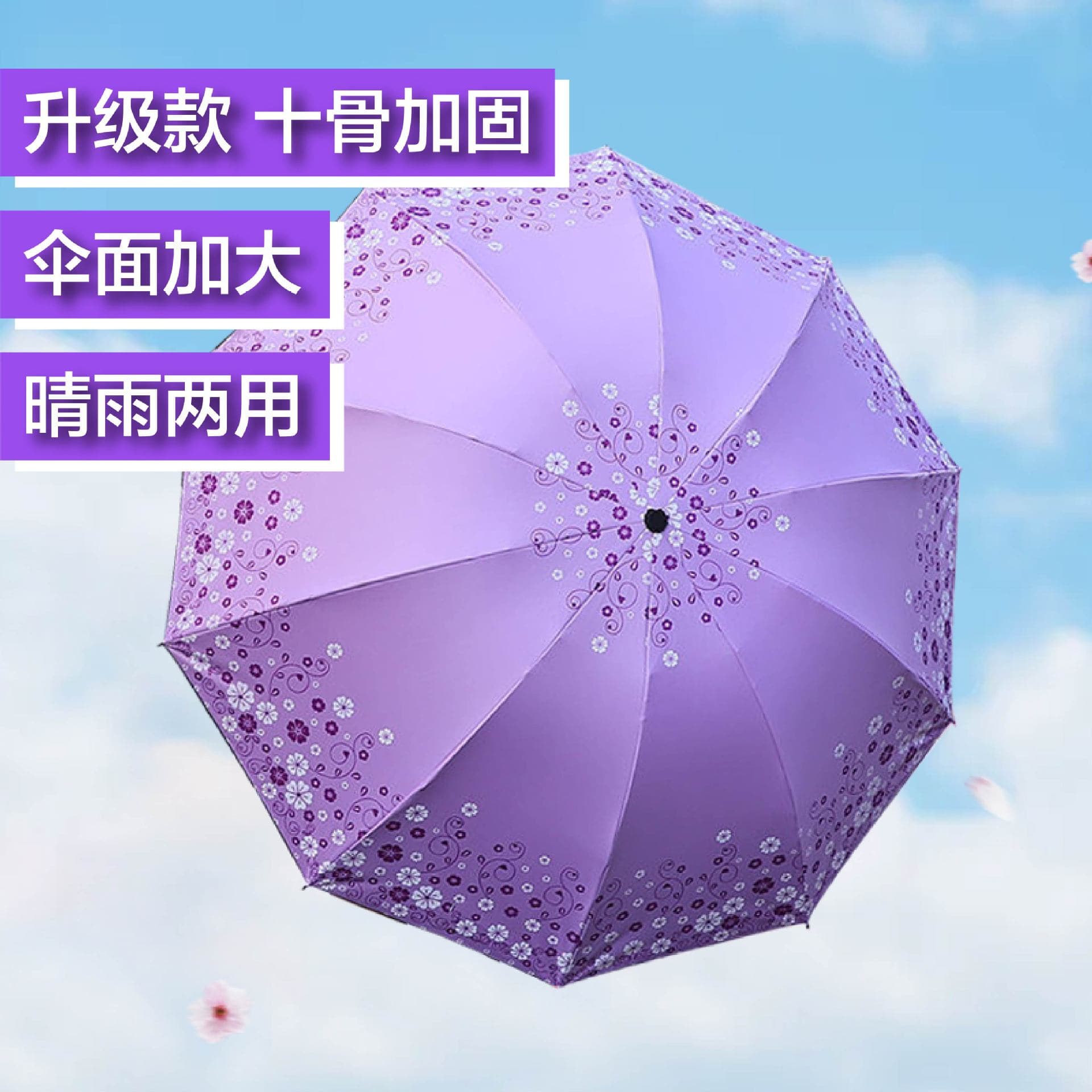 Dual-purpose Sun and Rain Umbrella, 10-rib Reinforced Single/Double Black Coated Print Sun Umbrella, Sun Protection Folding Umbrella