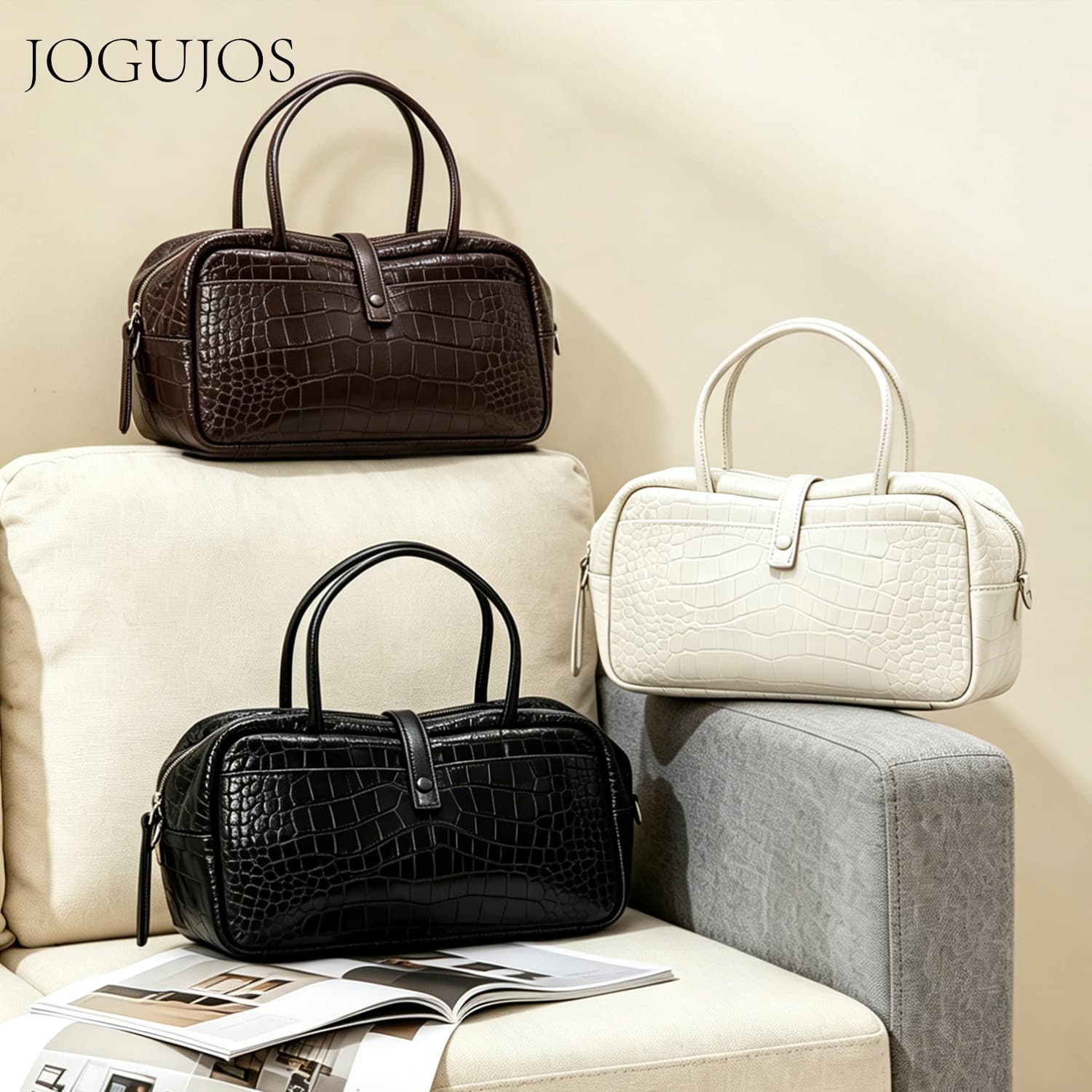 JOGUJOS Crocodile Pattern Genuine Leather Boston Bag Women's Luxury High-End Bowling Bag Niche Handbag