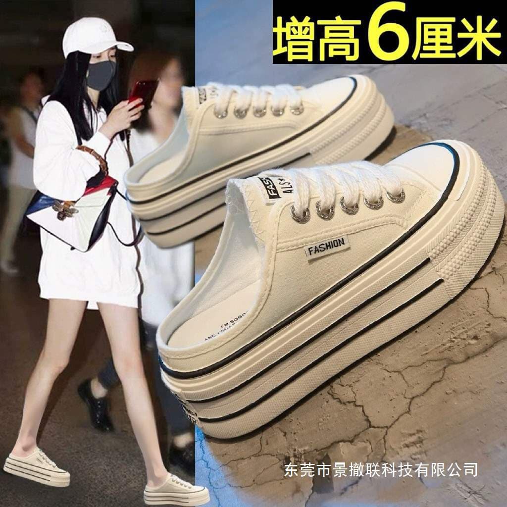 Brand Canvas Slippers for Women Spring 2025 New Platform Closed-Toe Mules Backless Casual Shoes