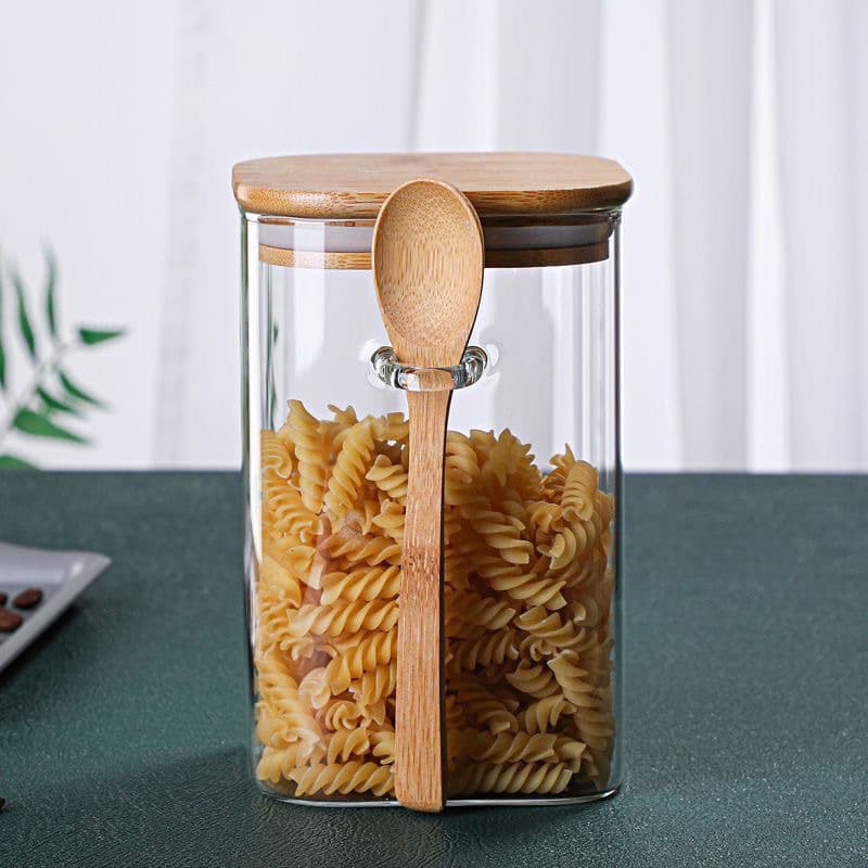 Square Glass Sealing Jar with Spoon Wholesale Stock, Grain Glass Storage Jar with Wooden Lid