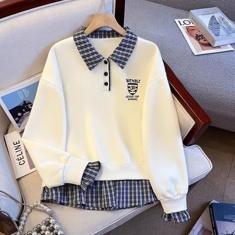 Fake Two-Piece Patchwork Plaid Collar Sweatshirt for Women, Autumn 2026 New Design, Niche Loose Fit, College Style