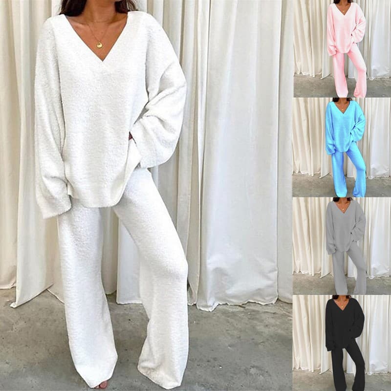 2024 EU/US Independent Station European Winter Comfort Solid V-Neck Casual Daily Home Warm Two-Piece Set