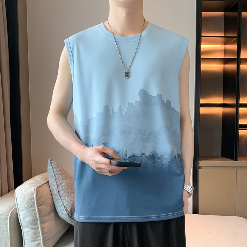 Men's Gradient Vest Summer Ice Silk Thin Fitness Sports Sleeveless T-Shirt Cool Feel Outerwear Vest