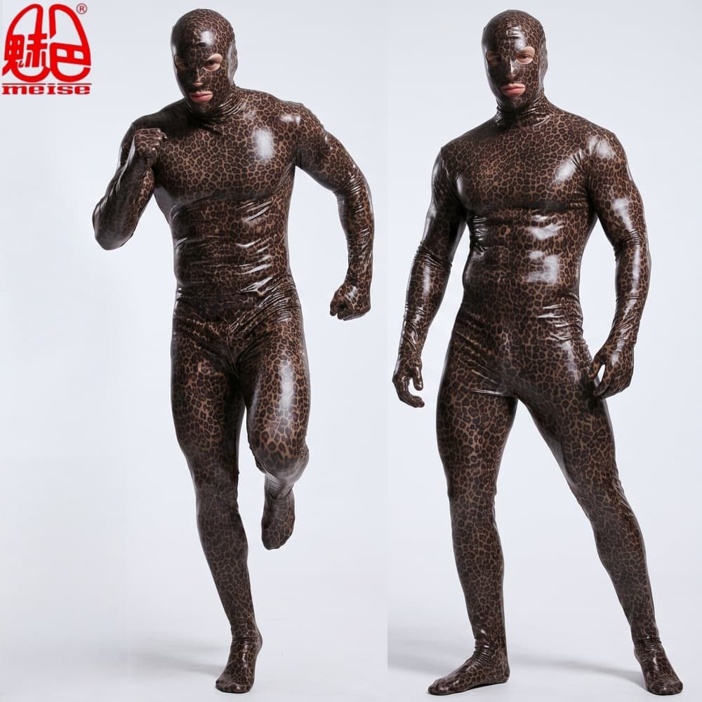 Leopard Print Bodysuit Men and Women PU Material Tight Shapewear High Neck Full Coverage Leopard Print Full Body Suit