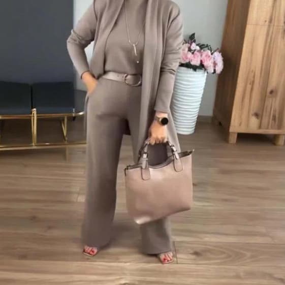 2025 Fall European and American Cross-Border Solid Color Elegant Commuter Long-Sleeve Cardigan Sweatshirt Wide-Leg Pants Three-Piece Set