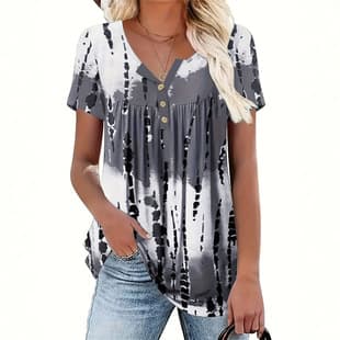 2026 Amazon Independent Station New Colorful Gradient Print Top Casual Shirt V-Neck Short Sleeve Button T