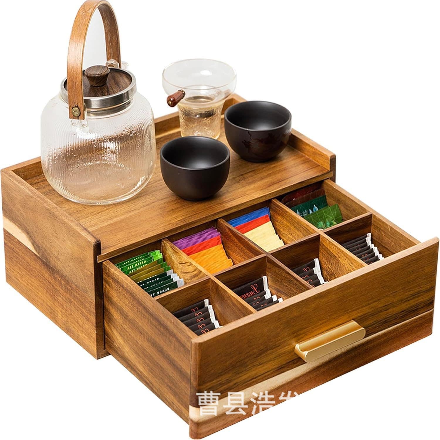 Wooden Desktop Storage Box Drawer Style Coffee Capsule and Tea Organizer with Compartments, Earring Jewelry Box, Tea Set Box