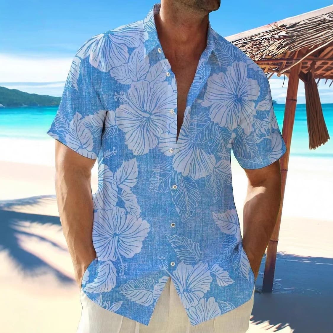 European and American Summer Men's 3D Print Casual Short-Sleeve Turn-Down Collar Shirt, Light Mature Casual Men's Wear