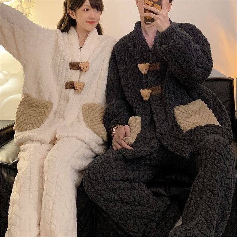 Couple Pajamas Women's Autumn and Winter Thickened Coral Velvet 2024 New Korean Version Bear Men's Winter Plush Home