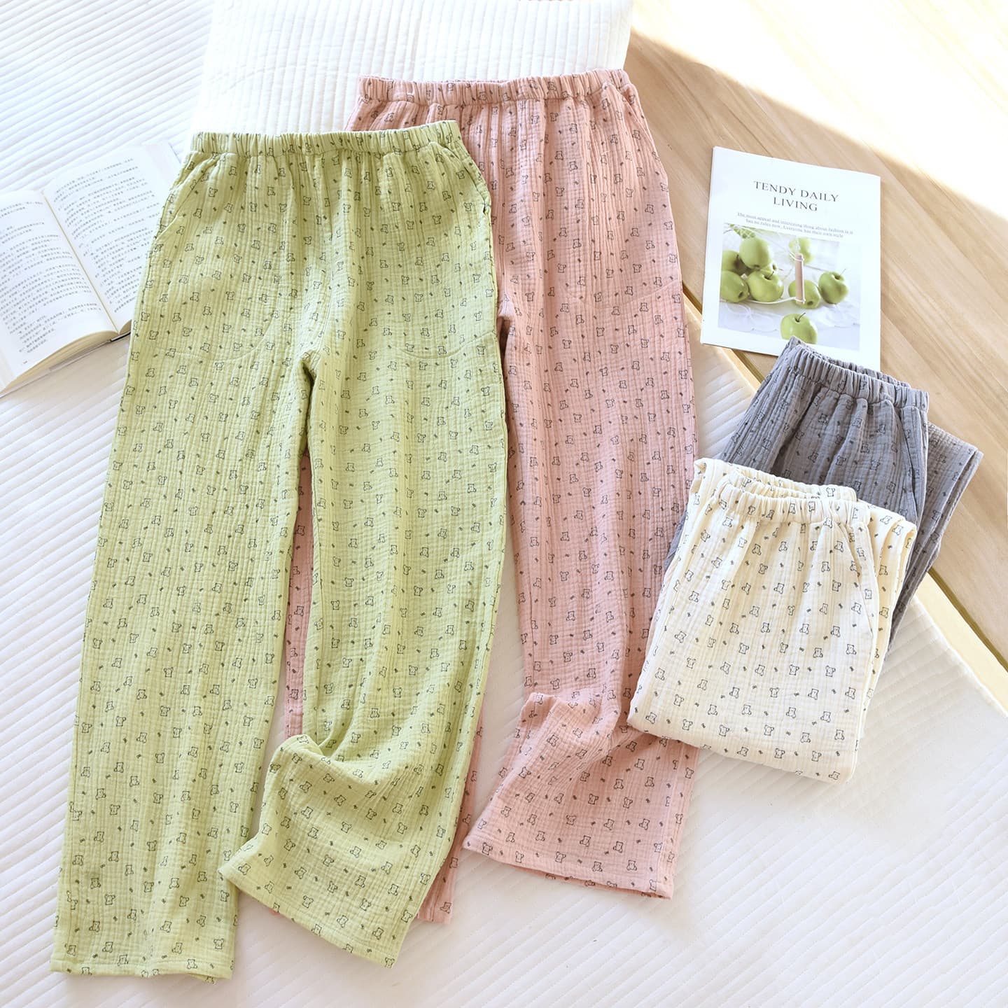 Spring and Autumn Pure Cotton Gauze Crepe Wide-Leg Women's Pants, Loose and Breathable Home Sleep Pants, Casual Loungewear