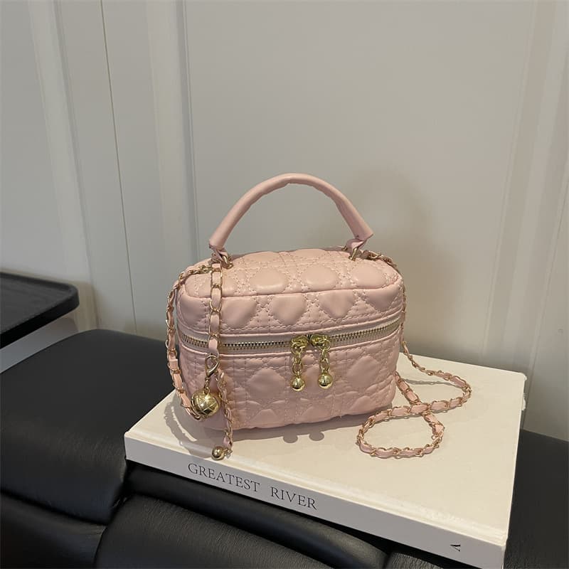 Chanel-style quilted mini square bag, new trendy small handbag with gold ball chain strap, versatile everyday crossbody box bag