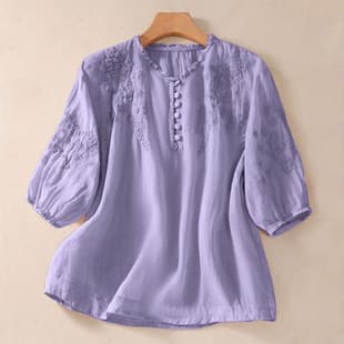 2025 Summer New Artistic Loose Embroidered Flower V-Neck Three-Quarter Sleeve Shirt Women's Blouse Top