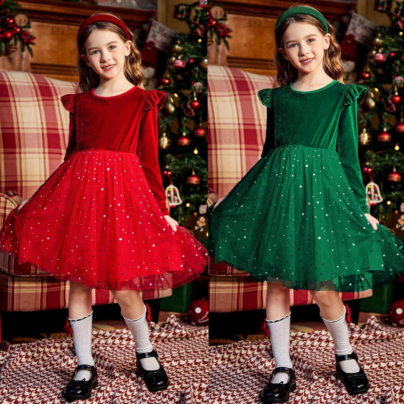 New Girls Christmas Velvet Long Sleeve Star Mesh Dress for Women's Export, Holiday Style