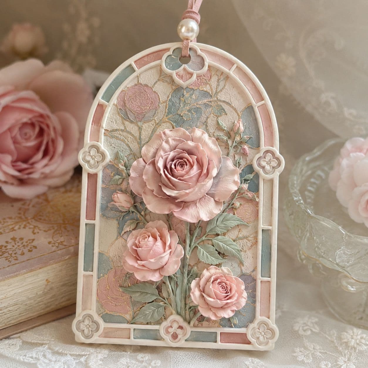 Gypsum Aroma Diffuser Hanging Ornament, Handmade 3D Embossed Rose, Contrast Color, Home Bedroom Closet Car Scent Diffuser, No Flame, Gift