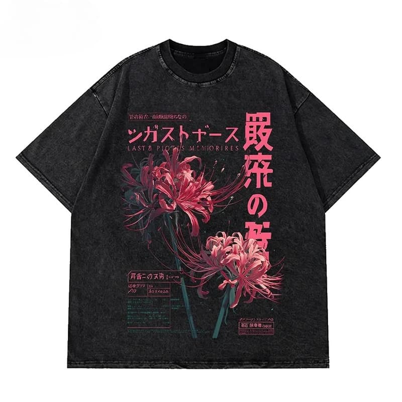 230G European Size Pure Cotton Grunge Flower Japanese Spider Lily Washed New A