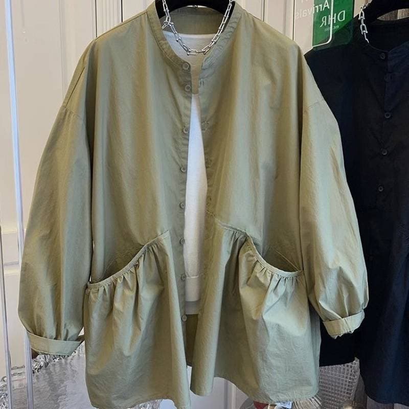 Women's Clothing Clearance Sale ~ Spring Double Pocket Long Sleeve Shirt Blouse Women's Loose Trench Coat