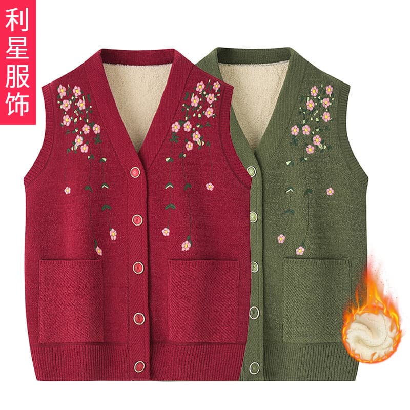 Grandma Vest Spring/Autumn Fleece-Lined 70-Year-Old Elderly Embroidered Vest, Older Women's Cardigan Sleeveless Jacket for Moms