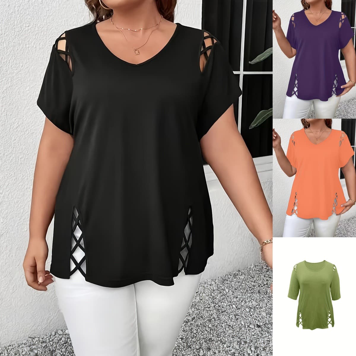 Large size 2026 new Amazon European and American cross-border women's summer fat mm women's V-neck cross strap short-sleeved T-shirt