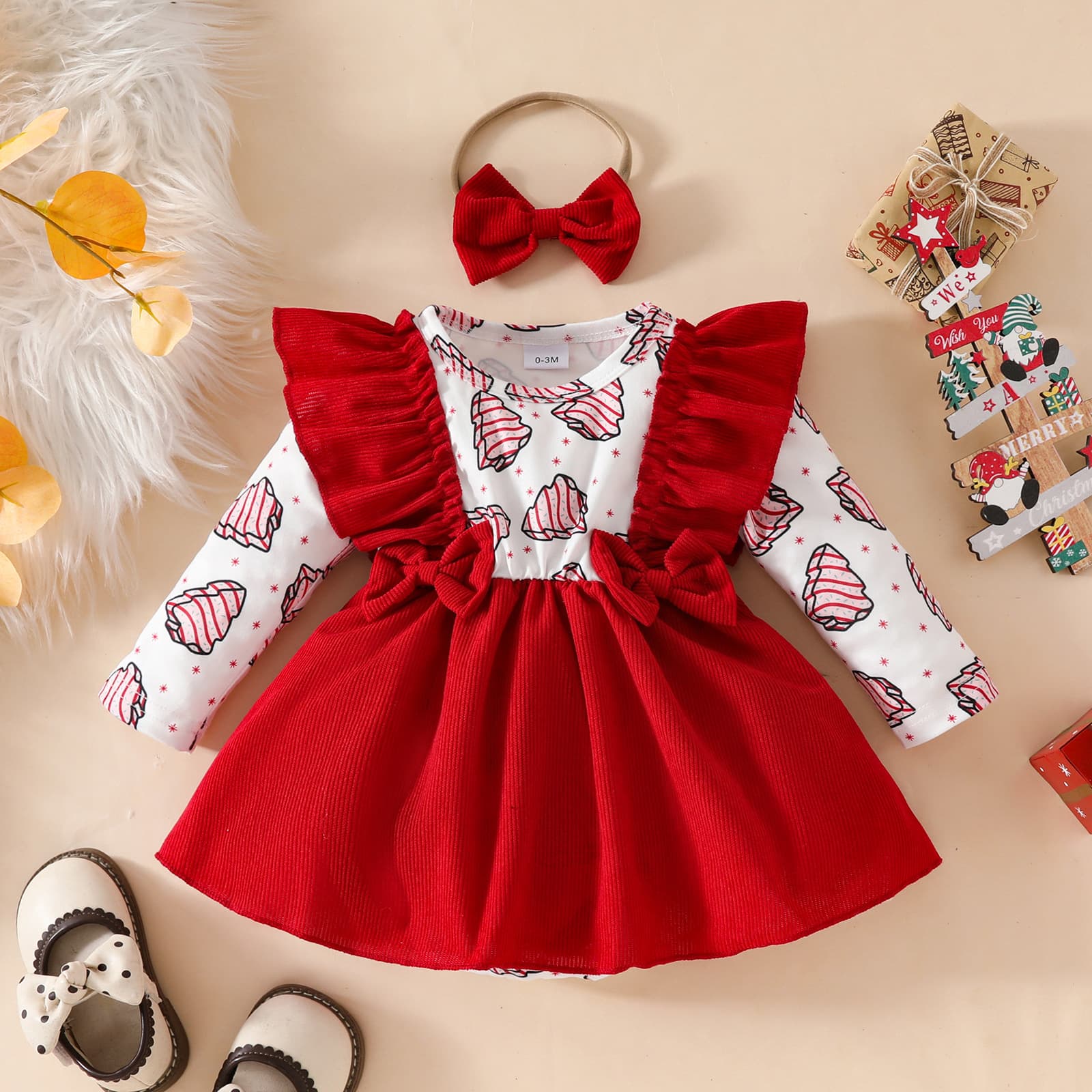 2024 Newborn Christmas Triangle Jumpsuit Corduroy Dress Women's Baby Cake Long Sleeve Ruffle Edge Crawling Skirt