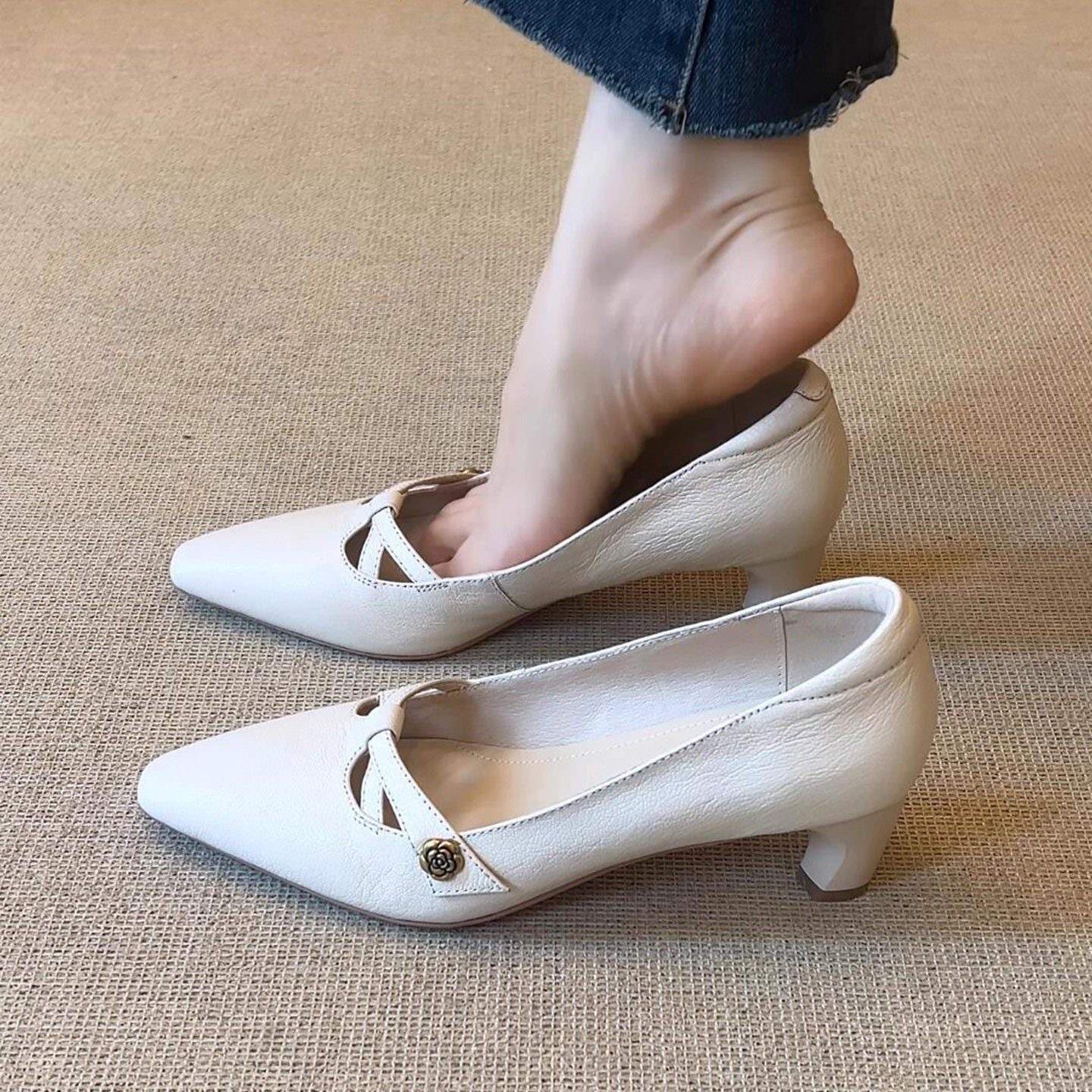 Super Soft Leather Shallow Square-Toe Chunky Heel Women's Slip-On Shoes with Camellia Design, Versatile and Elegant, Black High Heels