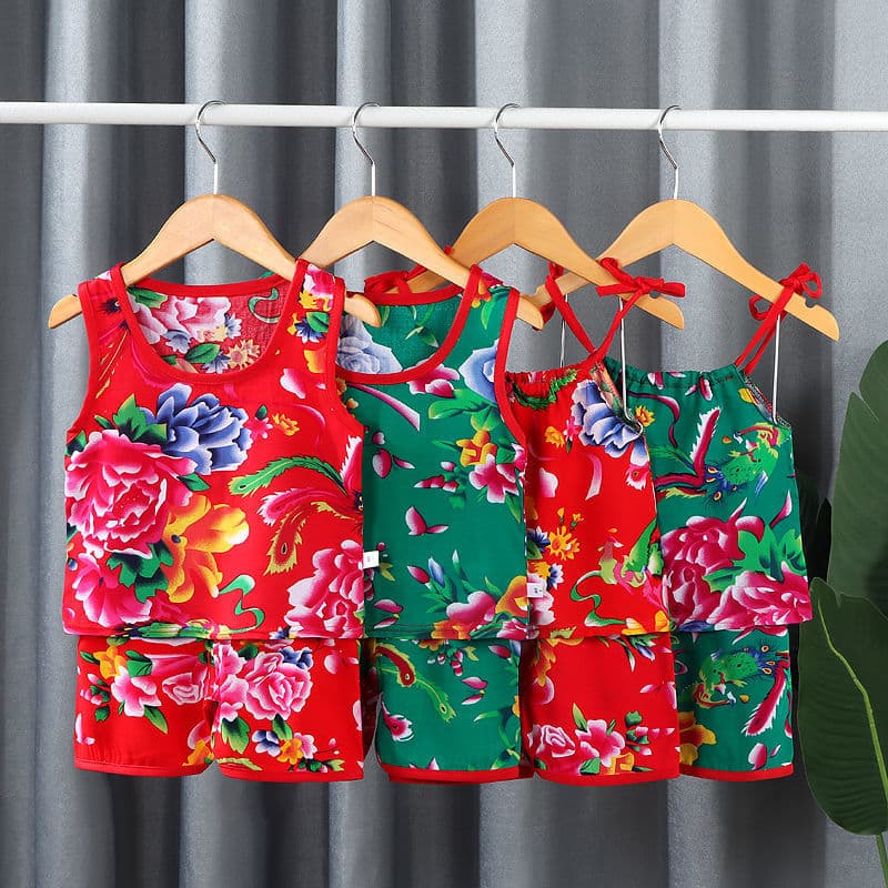 Children's Northeast large flower boys and girls cotton silk suit baby camisole summer thin pajamas shorts two-piece set
