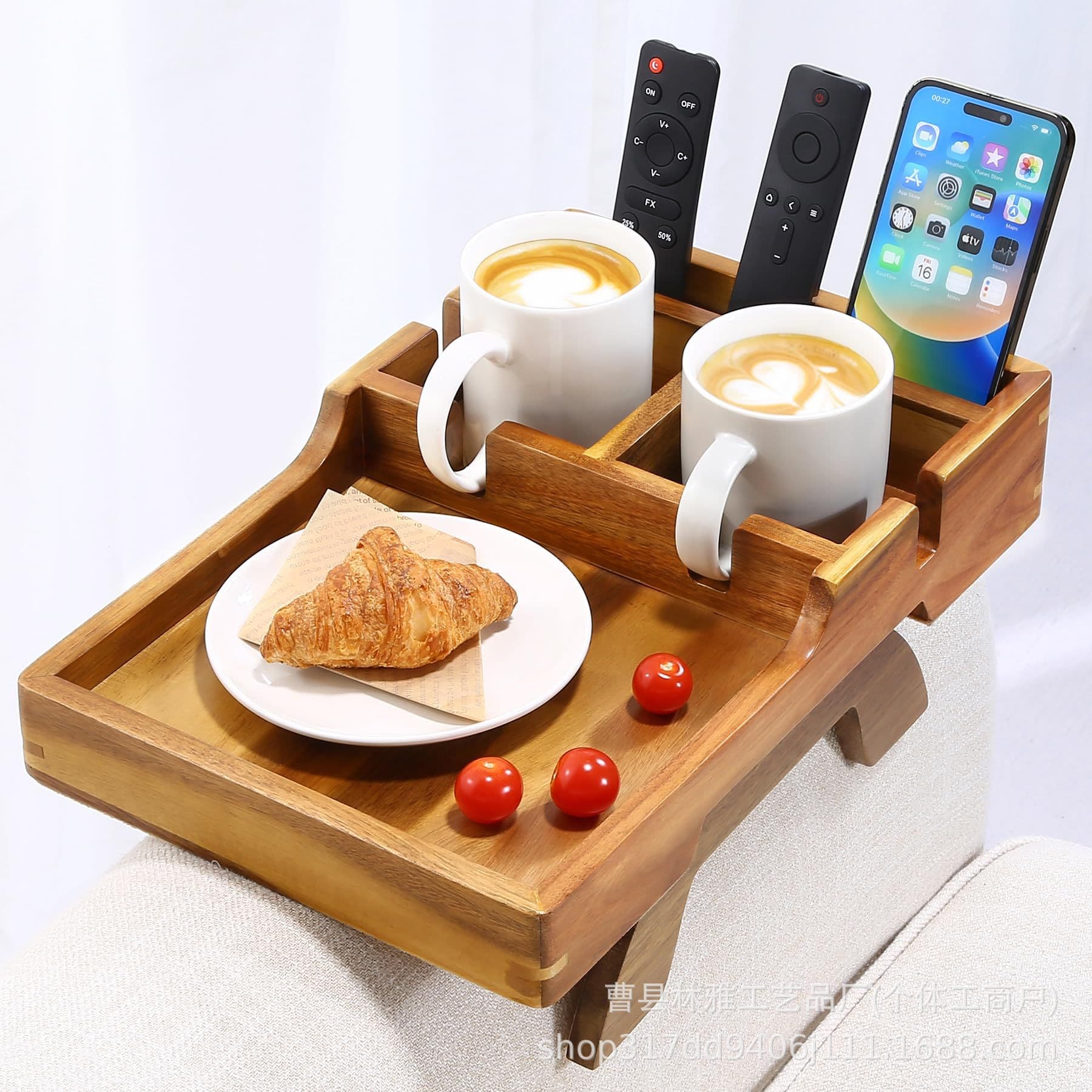 Cross-border new wooden sofa armrest tray multi-functional tray lazy storage tray with cup holder anti-slip foot pads