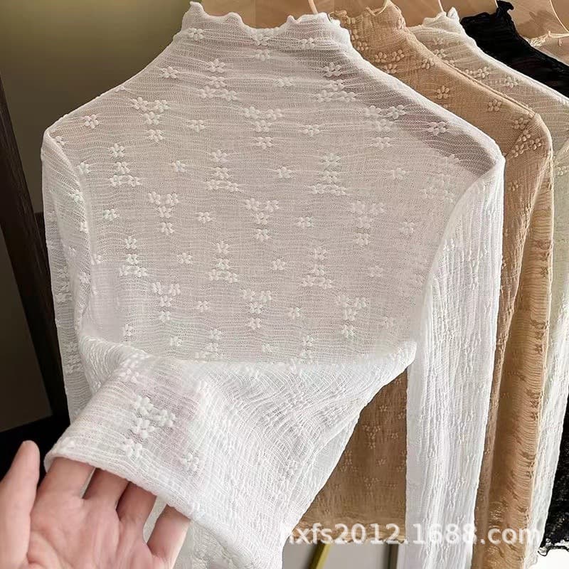 2023 Spring New Half High Neck Lace Base Layer Top for Women, Fashionable Long Sleeve Sheer Mesh Hollow Out Inner Wear Blouse