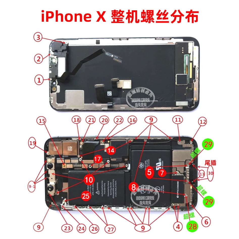 Body screw set, motherboard super screw, including tail plug screw, compatible with iPhone X/XR/XS/XS Max