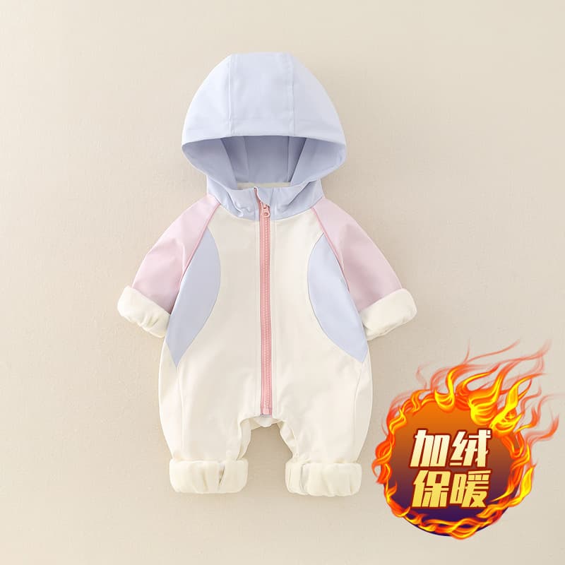 Baby Autumn Winter Fleece Color-Block Windproof Jumpsuit, Infant Full-Month Sports Outing Clothes, Newborn Super Cute Romper