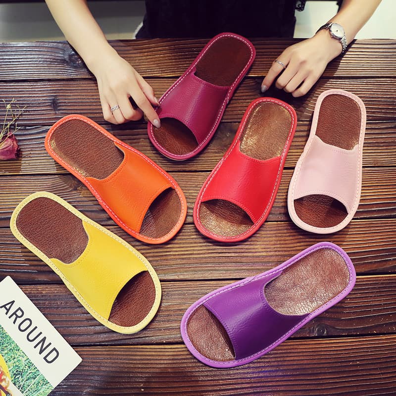 Leather slippers summer home non-slip couple soft bottom beauty salon wooden floor silent indoor men's and women's slippers summer