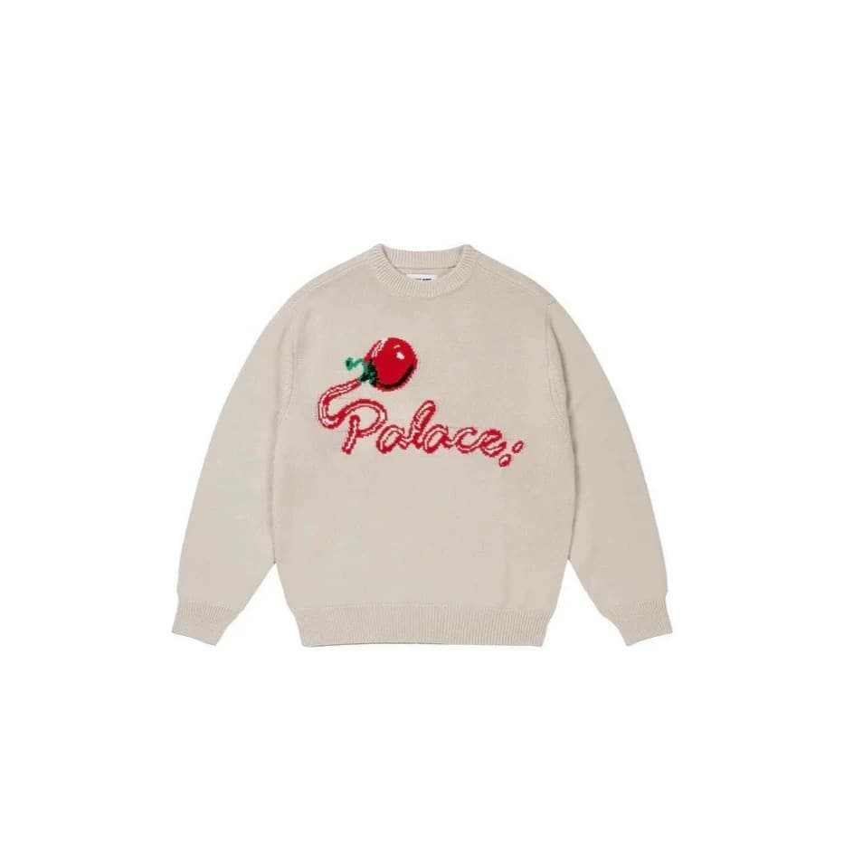 Fun cherry letter sweater light pink round neck creative cherry continuous English jacquard casual off-shoulder sweater