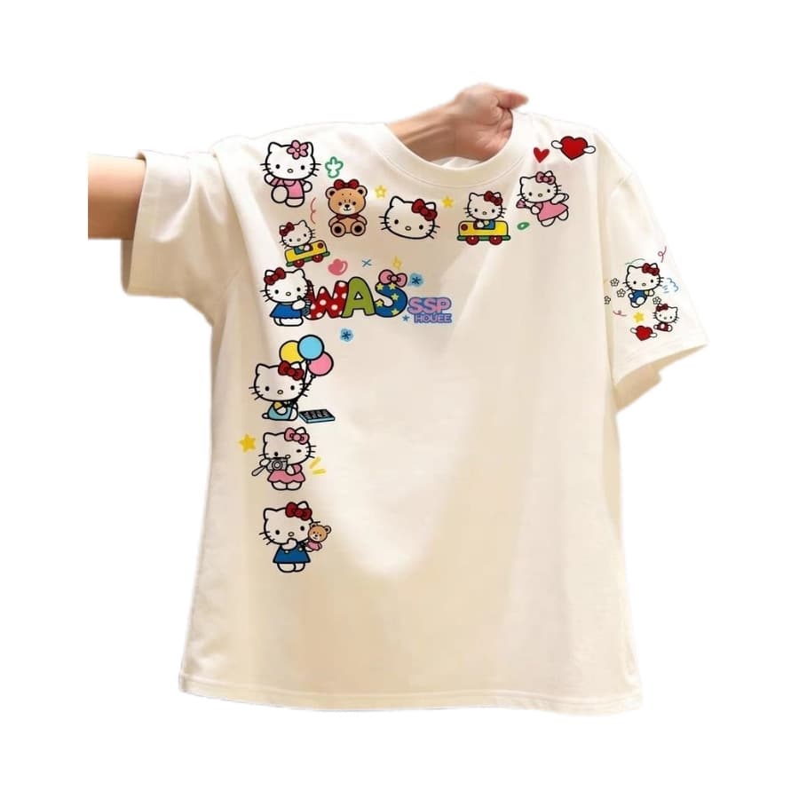 New Pure Cotton Cute Cat Print Top Girls Short Sleeve American Trendy Kids T-Shirt for Older Kids